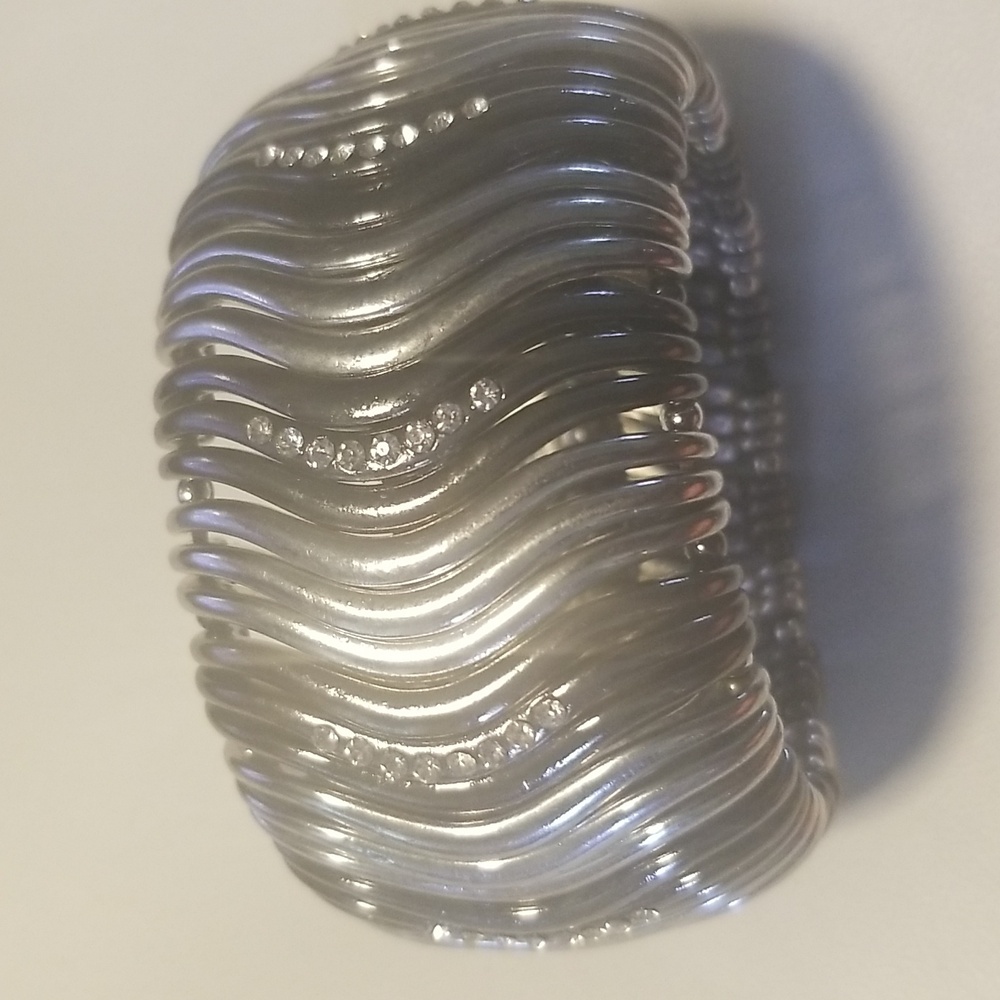 Women's Silver Pewter with Rhinestones Stretch Cuff Bracelet; One Size